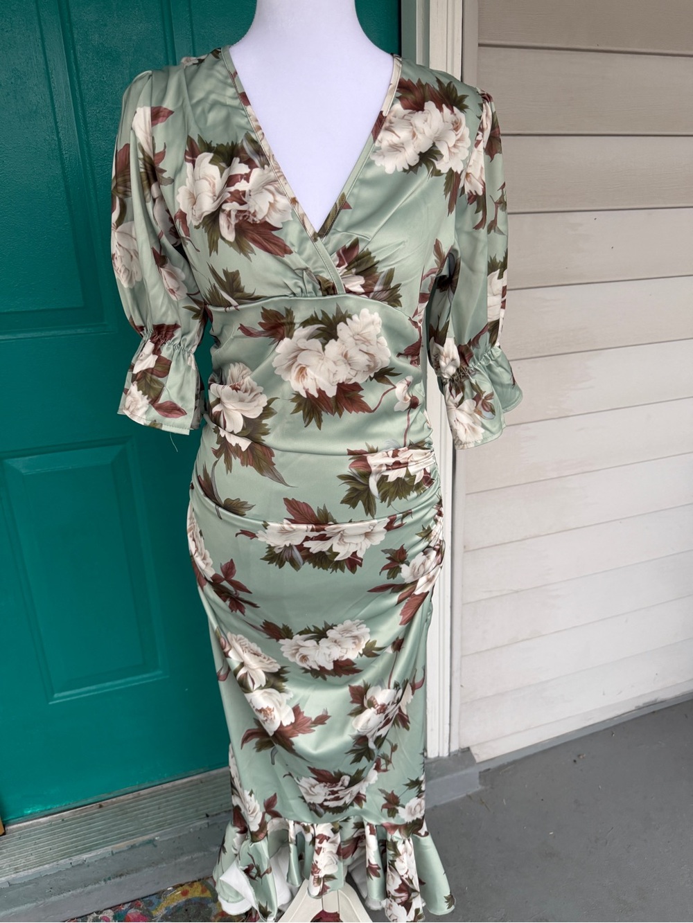 Floral Sage Green Wrap-Style Midi Dress